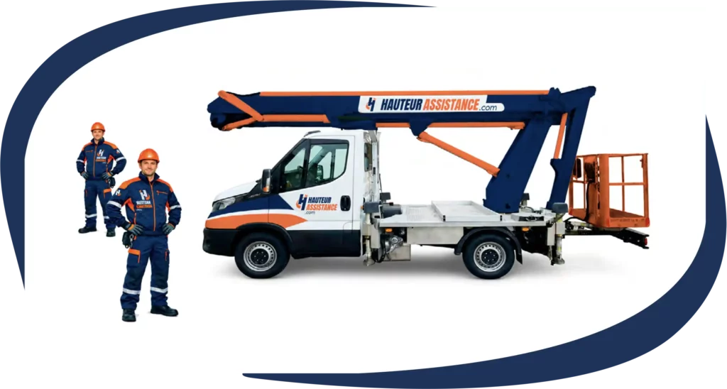 Deux techniciens en nacelle pour intervention rapide en hauteur : maintenance, réparation, pose et assistance professionnelle sécurisée.