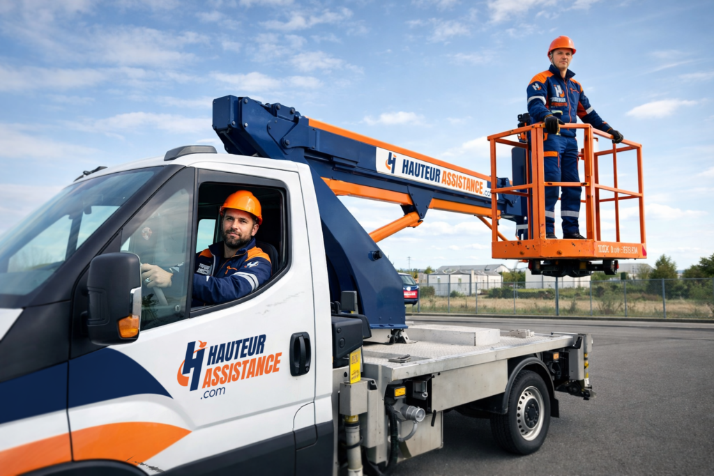Équipe Hauteur Assistance en véhicule nacelle, réalisant des interventions ponctuelles en hauteur en toute sécurité pour pros et collectivités.